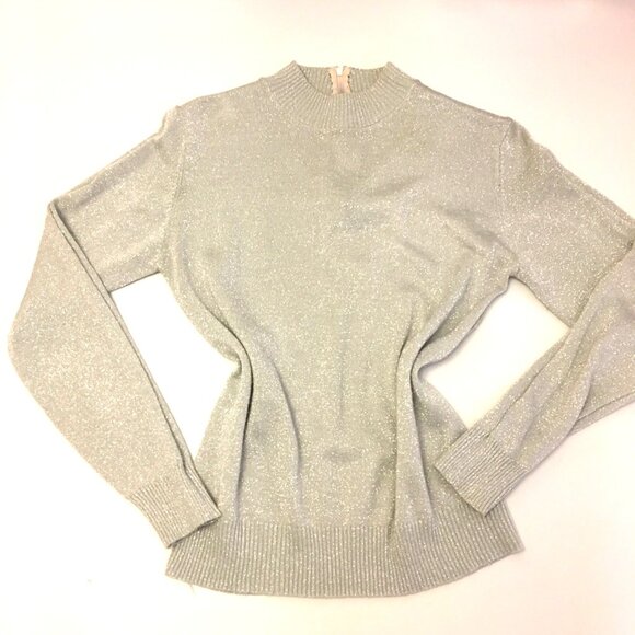 Vintage 60s 70s KMark Silver Metallic Lurex Sweater Back Zipper Holiday Glam (2) - Picture 10 of 12